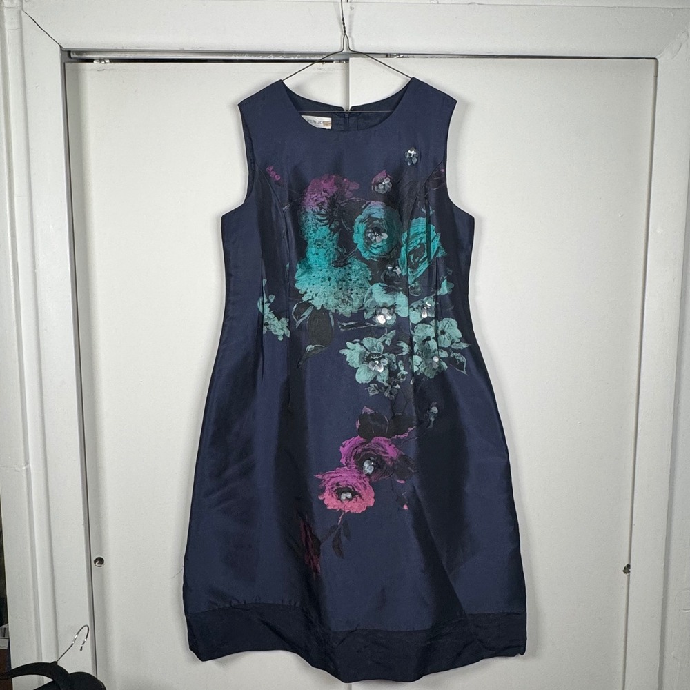 Teri Jon Rickie Freeman Navy Floral Jacquard 3D Applique Cocktail Dress Sz 10